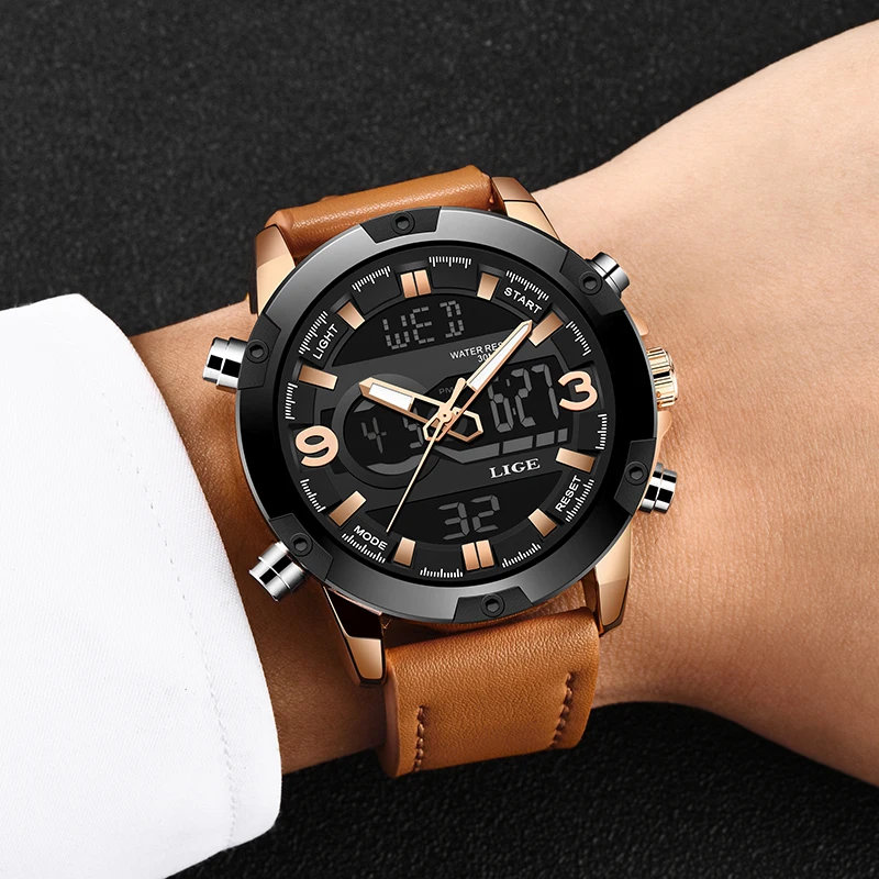 LIGE Новые Роскошные Аналоговые Цифровые кварцевые часы Брендовые повседневные