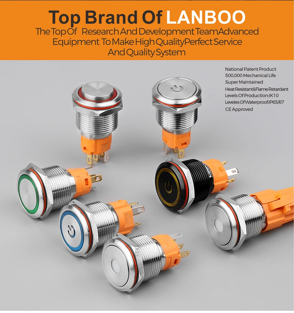 LANBOO 19 мм плоский символ Led освещенный мгновенный или самоблокирующийся металлический кнопочный переключатель с IP65