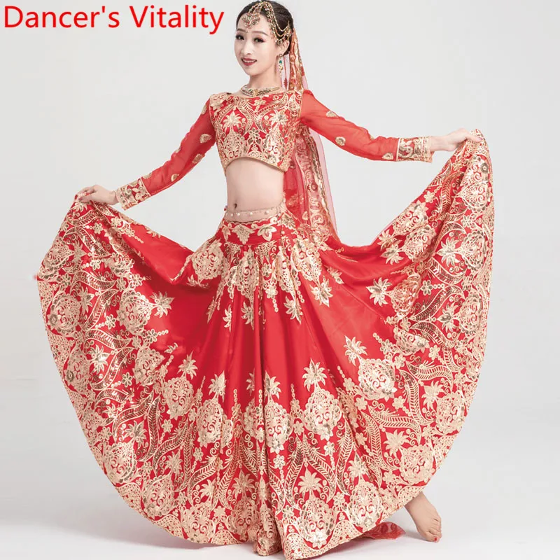 

Indian Belly Oriental Dance Performance Competition Costume Large Hem Embroidered Skirt Top Veil Pants 4pcs Set Garments Outfits