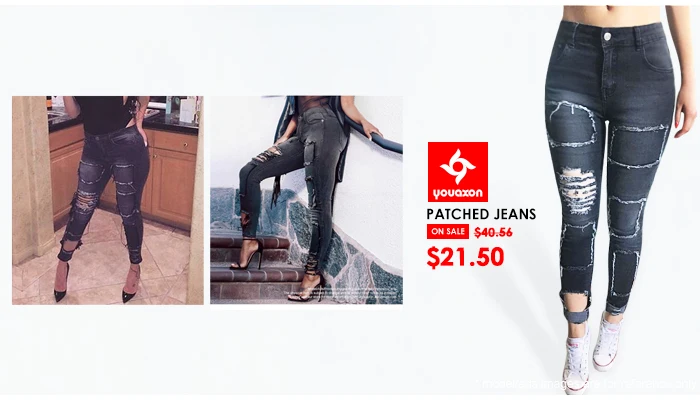 Женские лоскутные джинсы Youaxon черные рваные со средней талией Стрейчевые