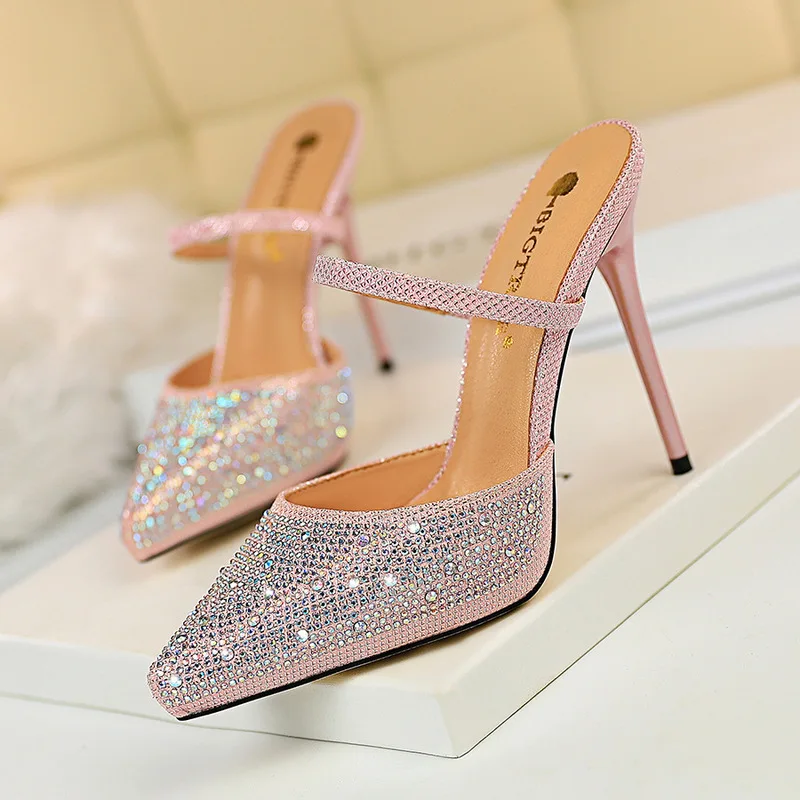 

Women Shoes Pumps Pointed Toe Shallow mouth Pointed Rhinestone Word band 11CM thin High Heels Boat Wedding Dress Office Party