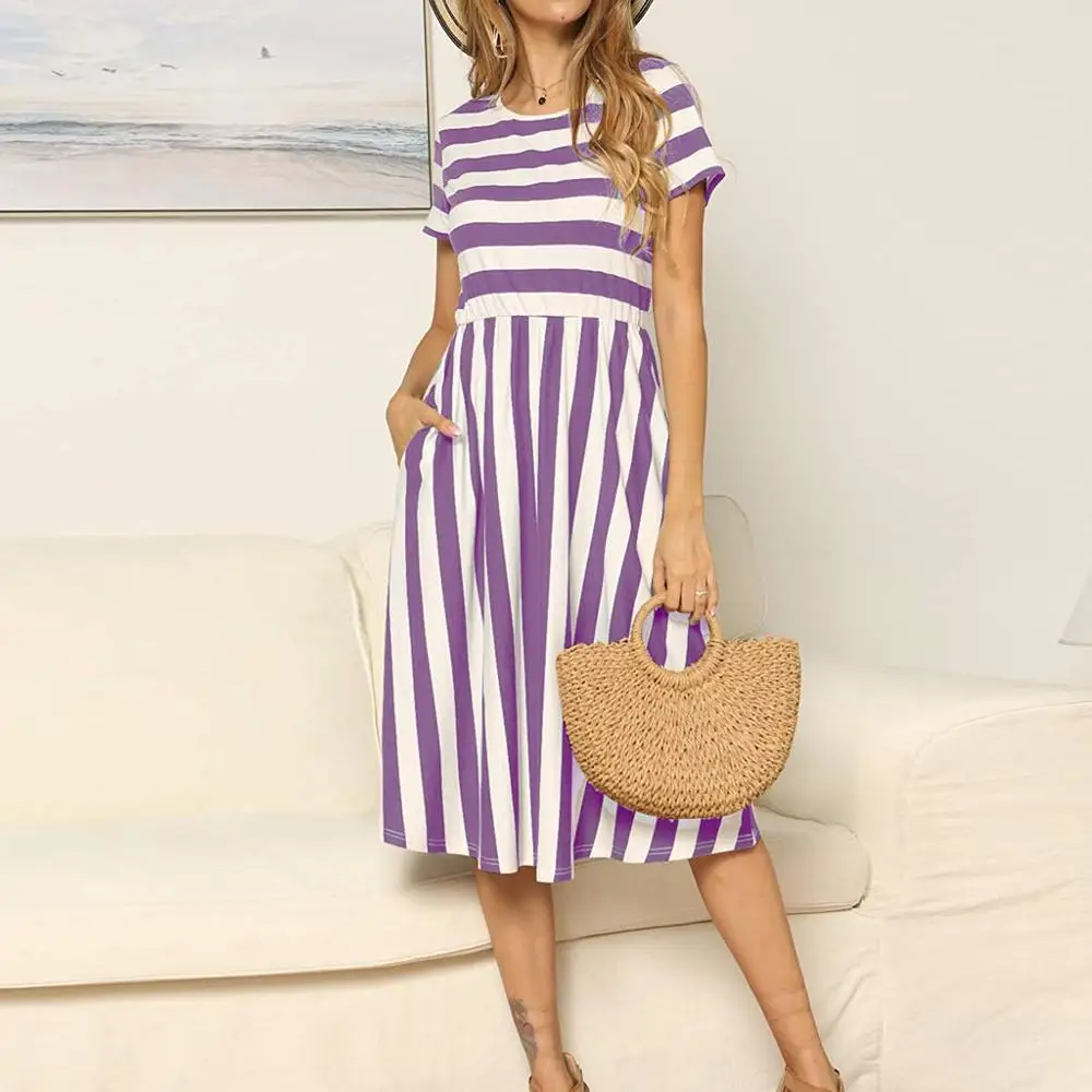 Платье в полоску женское повседневное вечернее с коротким рукавом и карманами