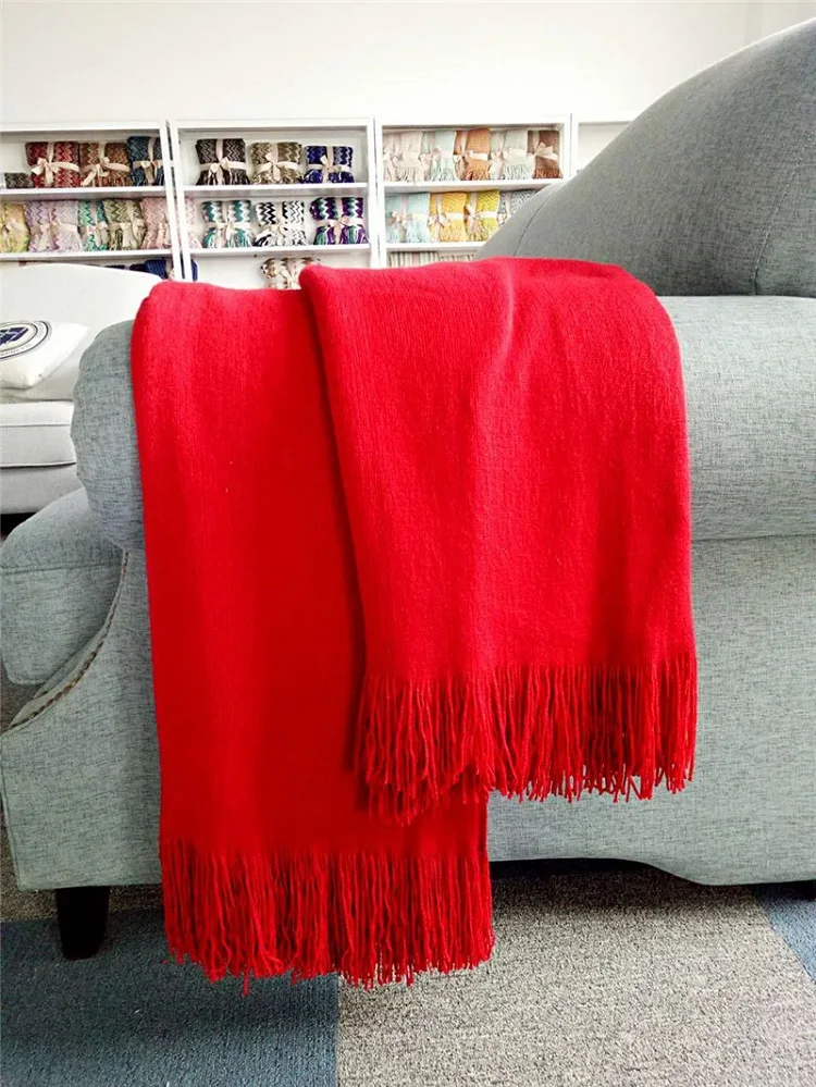 США стиль акриловое одеяло с кисточкой твердые трикотажные одеяла для кровати