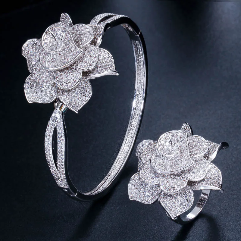 Silver CWWZircons желтое золото цвет сердце форма цветок Свадебная вечеринка CZ браслет браслеты и кольца наборы для невест ювелирные изделия T193 - Окраска металла: Silver