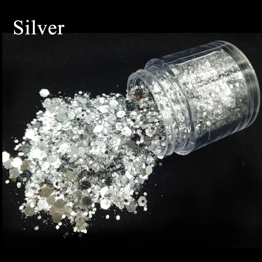 Silver Bittb пилочки для ногтей искусство Блеск смешанный толстый Блеск Порошковая голографическая блестки чешуйки самодельные Украшения для ногтей УФ Гель-лак маникюрные инструменты - Цвет: Silver
