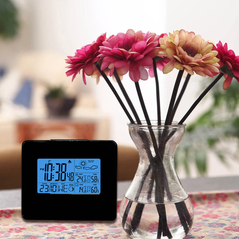 DCF Radio Controlled Weather Station Black Clock Forecast Backlight Indoor Outdoor Temperature Humidity Monitor | Инструменты