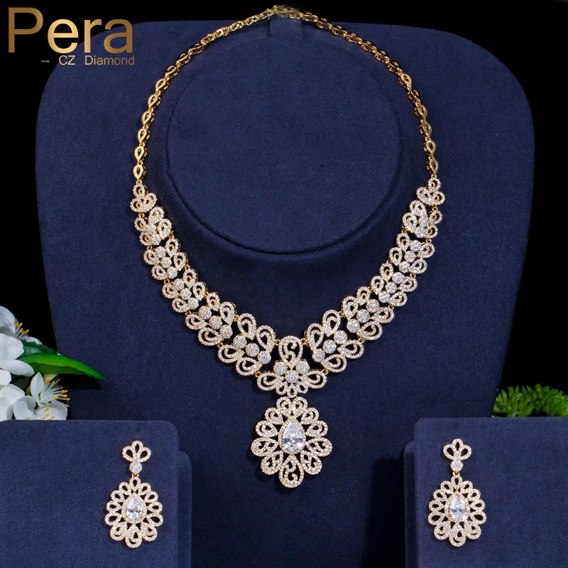 

Pera Luxurious Yellow Gold Color Dubai Bridal Wedding Big Statement Cubic Zirconia Necklace and Earrings for Women Jewelry J007
