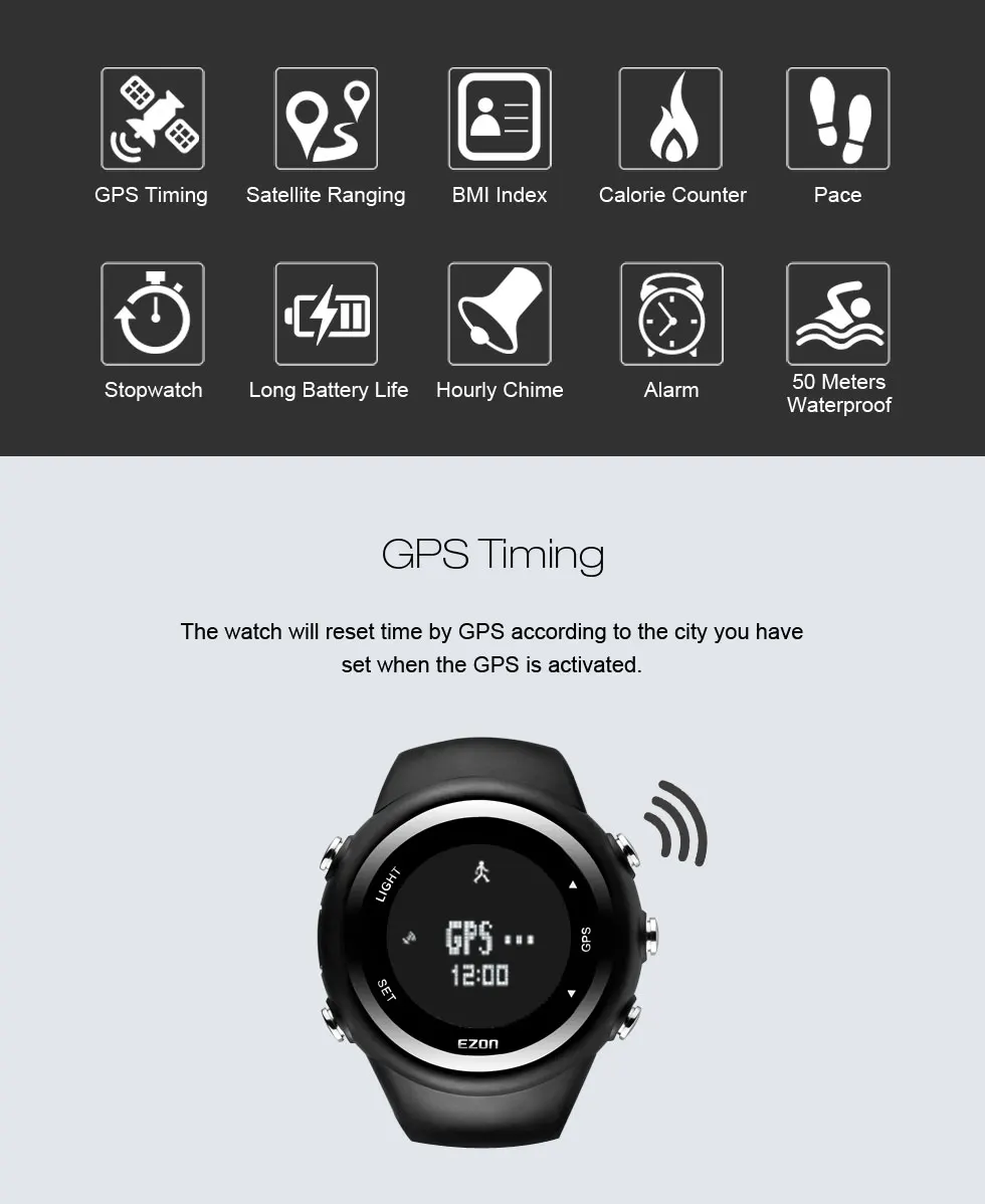 EZON gps работает счетчик калорий Профессиональный Фитнес Спорт Horloge 50 м водонепроницаемый Horloges для Mannen Zwart Rood Blauw T031