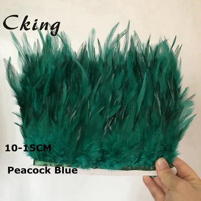 peacock blue 10 метров белый Куриный перо планки 10-15 см 4-6 дюймов DIY седло для петуха перо отделка бахромой пришит на атласной лентой ремесла - Цвет: peacock blue