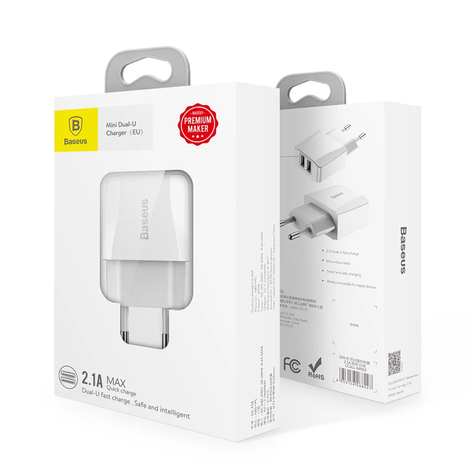 Baseus EU Plug 2.1A Max Dual USB быстрое зарядное устройство для iPhone зарядное устройство для samsung Xiaomi телефон зарядное устройство адаптер