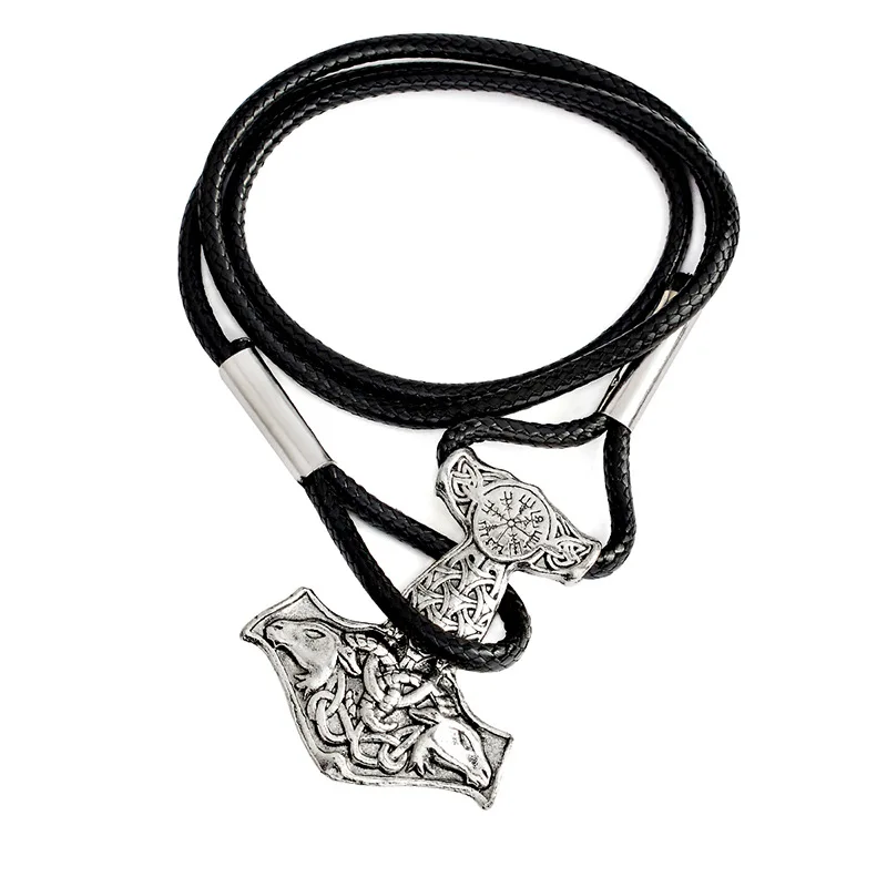 B59Silver BOYULIGE двойные топоры щит варварская голова Ворона кожаные мужские ювелирные изделия Викинги Многослойные браслеты амулет средневековый рыцарь - Окраска металла: B59Silver