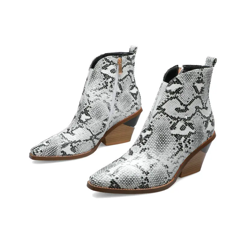 Snakeskin-white QUTAA/ г.; пикантная модная женская обувь из змеиной кожи с квадратным носком на теплом меху; осенне-зимние ботильоны из искусственной кожи на молнии с вышивкой; размеры 34-43 - Цвет: Snakeskin-white
