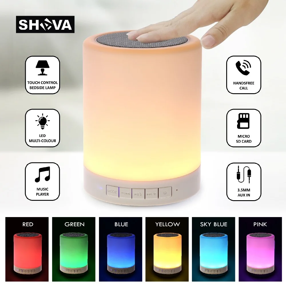 Portable Wireless Bluetooth Speaker Touch Control Color LED Bedside Table Lamp Speakerphone / TF Card AUX-IN Supported (White |