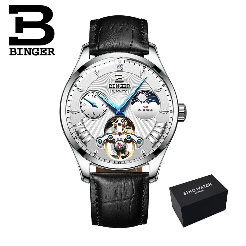 Leather-black silver Новые швейцарские автоматические механические часы, мужские часы Бингер, роскошные Брендовые мужские часы, сапфировые мужские часы с скелетом, водонепроницаемые B-1186-8 - Цвет: Leather-black silver