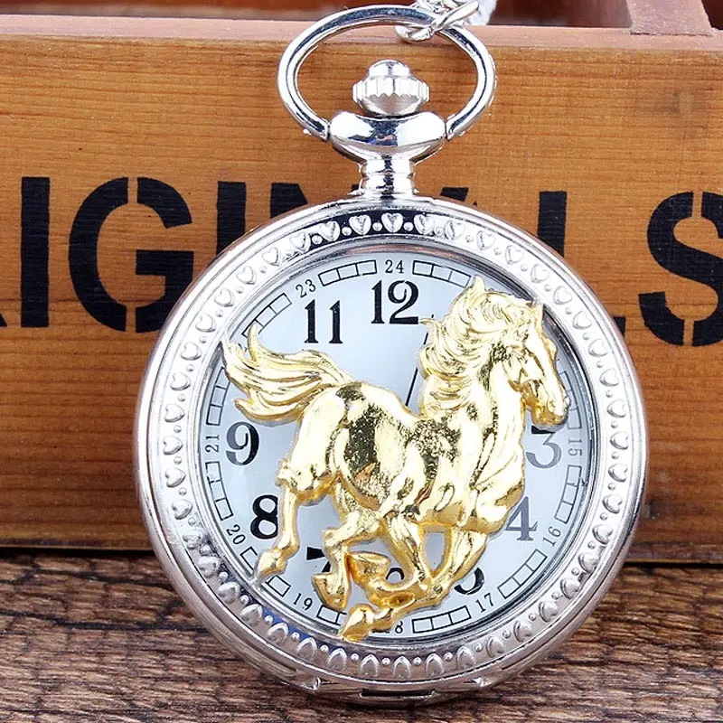 Ретро золотые серебряные лошадиные кварцевые карманные часы с подвеской в форме