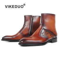 vikeduo plain patchwork square toe mens ankle boot patina letter engraving genuine leather boots brown custom made botas hombre