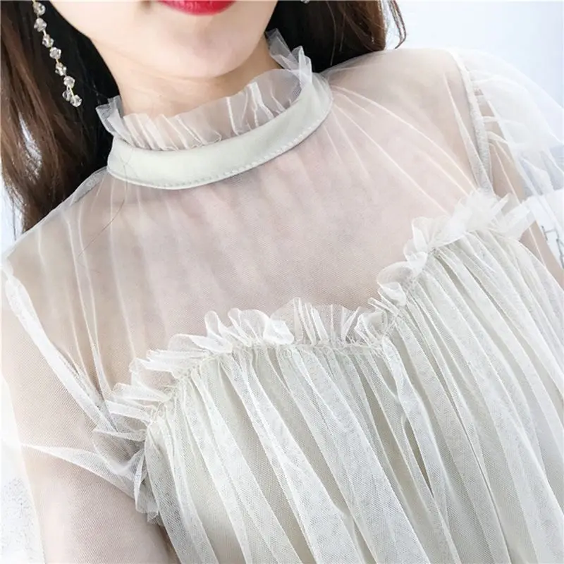 

2019 Fashion Women Elegant Sweet Mesh Trimmed with Agaric Lace Dresses Sheer Sexy Party Princess Slim Spring Vestidos