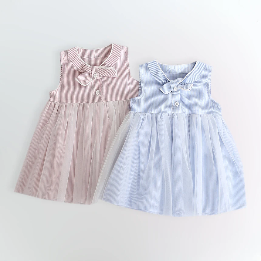 Hurave bow striped botton mesh summer Baby Girls Dress Clothes Children Sleeveless Kids Crew Neck causal Dresses | Детская одежда и
