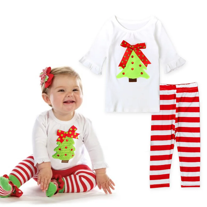 Y01-X086 Children kid's Girl Clothing long sleeve Infantis spring autuman Christmas Suit green tree red striped pants 2pcs/set | Детская