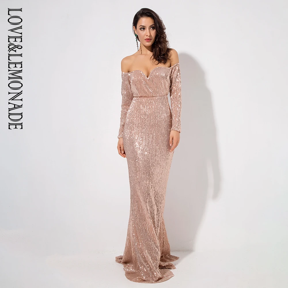 Длинное эластичное платье LOVE &amp LEMONADE золотистое с глубоким V-образным вырезом и