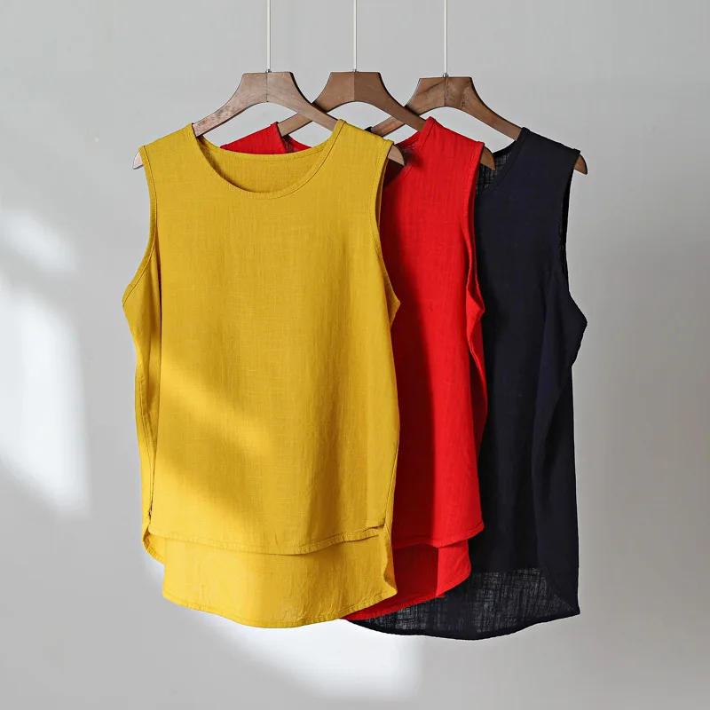 OriGoods Linen Tank Top Women Loose Casual Summer Tank Tops Solid Black White Yellow Red White Tank top Kawaii Cute Tops C223