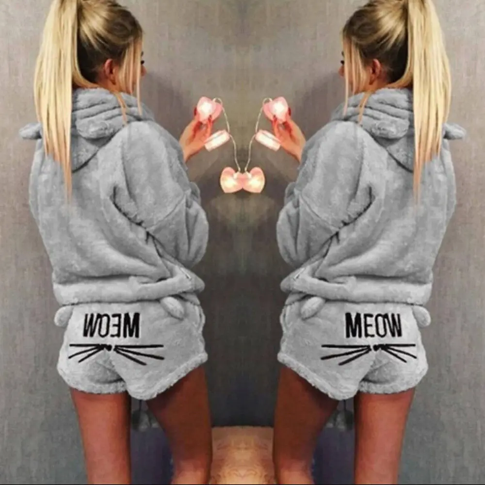 2018 Newly Winter Women Flannel Pajamas Set Bear Hooded Warm Coral Fleece Sleepwear | Женская одежда