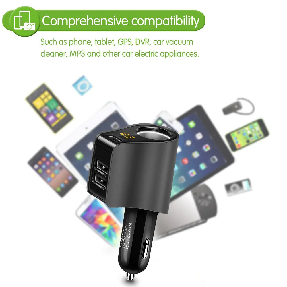 Разветвитель автомобильного прикуривателя Onever с двумя USB портами 3 1 А|Адаптер