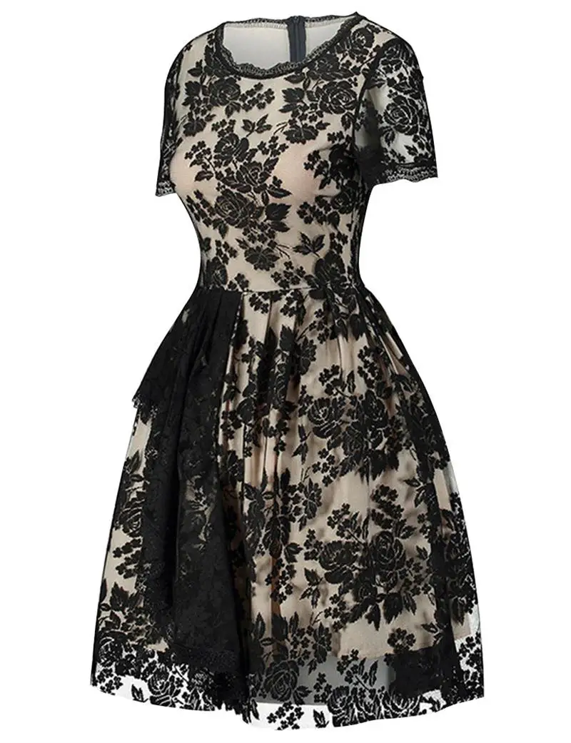 Women's Round Neck Short Sleeve Lace Splice Flower Embroidery Zip Back Overlay Midi Dress | Женская одежда