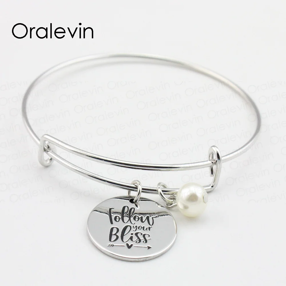 FOLLOW YOUR BLISS Inspirational Hand Stamped Engraved Pendant Expandable Wire Bangle Charm Bracelet Jewelry 10Pcs/Lot #LN2100B | Украшения