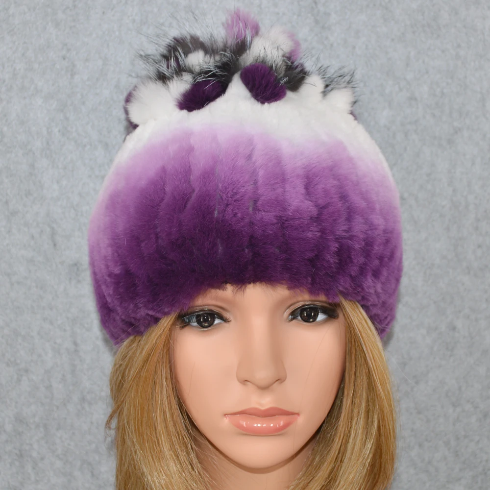Горячая Распродажа Настоящий мех кролика Skullies Beanies шапки женские зимние теплые ручной работы вязаная шапка из меха кролика рекс шапки для девочек натуральный мех