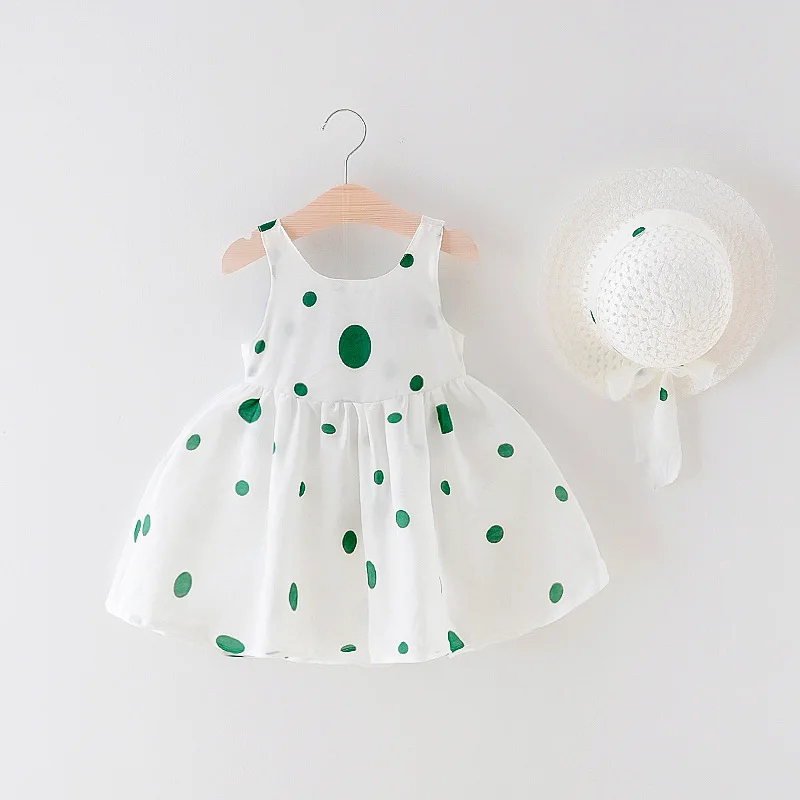 

New Baby 0-24M Casual Summer Dress+hat Cotton Print Dot Bow Princess Sleeveless Infant Girl Dresses Toddler Baby Girl Clothes