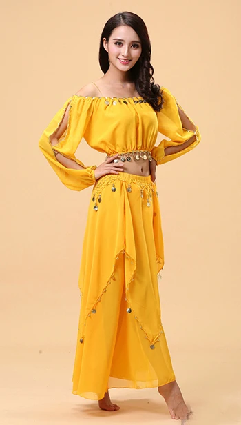 Yellow 2 шт. костюм Болливуд набор костюма для танца живота Индийский танец сари танец живота юбка костюм женский шифон 2 шт.(топ юбка - Color: Yellow