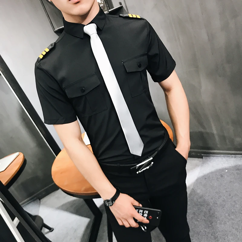 Camisa Social Manga Curta Air Force Pilots Uniform Shirt Men Black White Slim Fit Social Workwear Short Sleeve Dress Shirt Men
