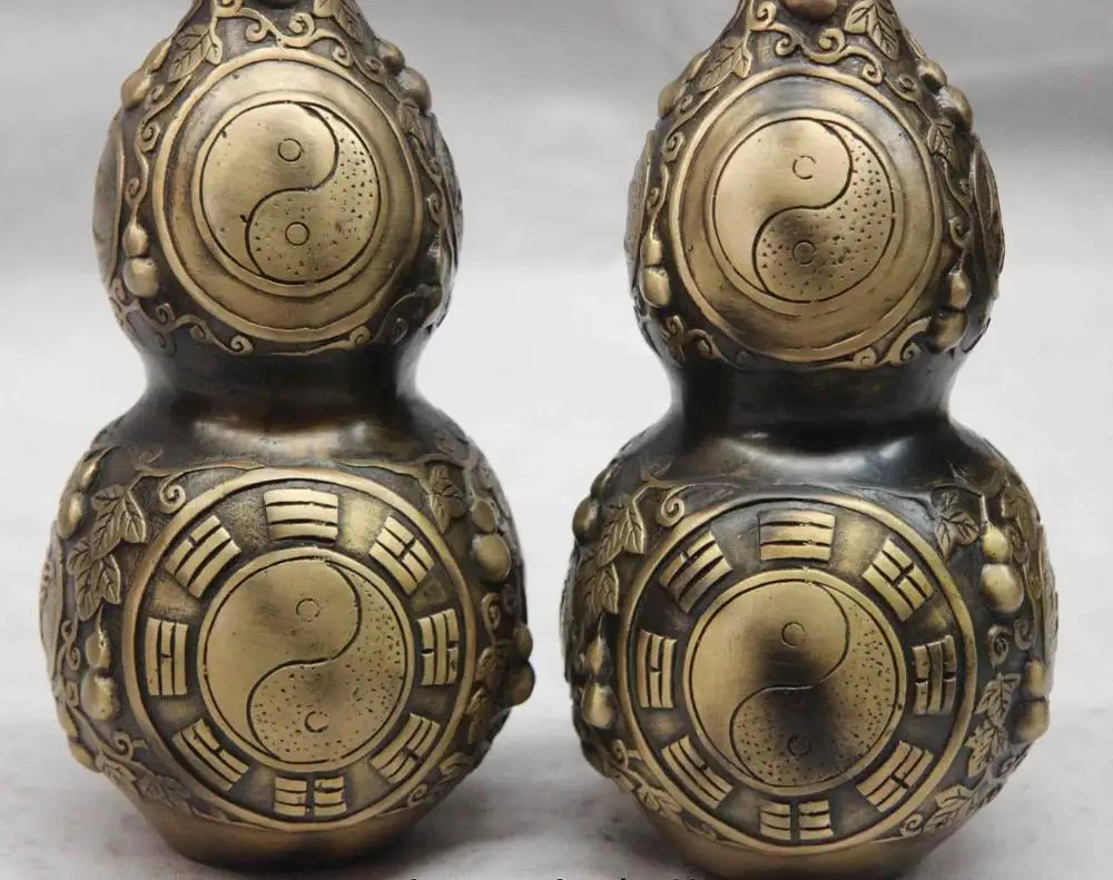 Китайский Медь Бронза Фэн-шуй Даосизм Тай Цзи Инь Ян Бутылочной Тыквы Ваза Статуя