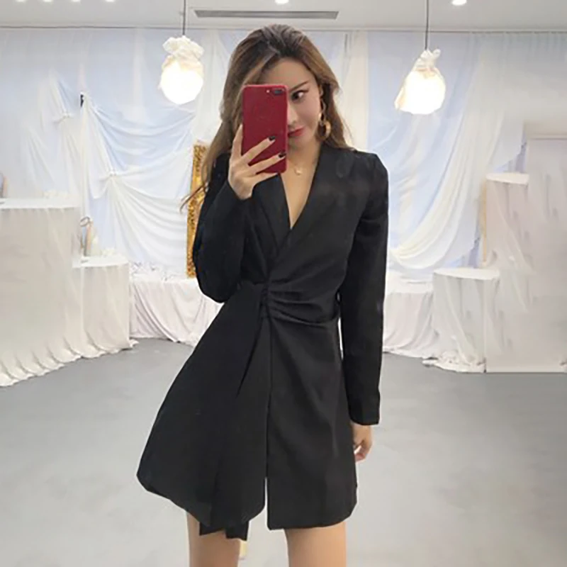 CHICEVER корейское однотонное женское платье с отложным воротником длинным рукавом