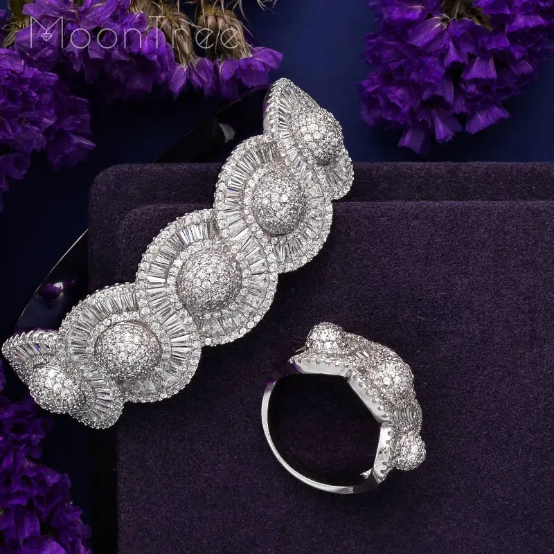 MoonTree Luxury Rhinestones Twist Shape Cubic Zircon Wide Bangle Ring Set Silver Color Plated Large Rings | Украшения и