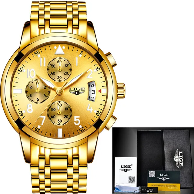 Mens Watches Top Brand Fashion Chronograph LIGE Black Quartz Watch Stainless Steel Automatic Date Watch Relogio Masculino - Цвет: full gold
