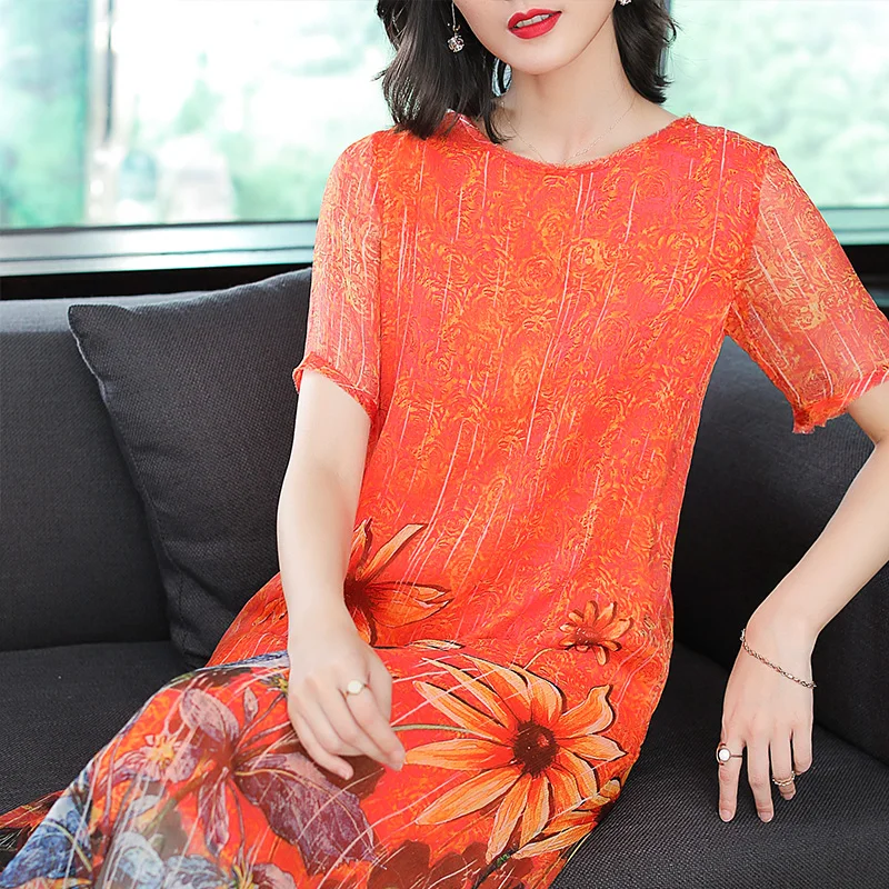 Fashion 2019 New Summer Dresses Women Casual Imitate Read Silk Print Slim Dress Short Sleeve O-Neck Loose Chinese Style | Женская одежда