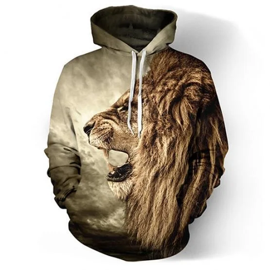 Mens Hoodies Funny 3D Tiger Lion Print Animals Sweatshirt Casual Loose Pocket Long Sleeve Winter Men Hoodies Unisex Pullovers