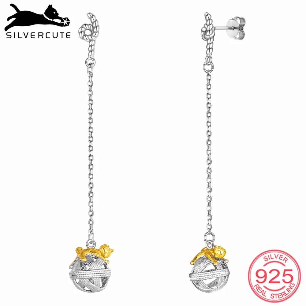 SILVERCUTE Золотая кошка висячие серьги Китти играющий шар из пряжи & с длинными