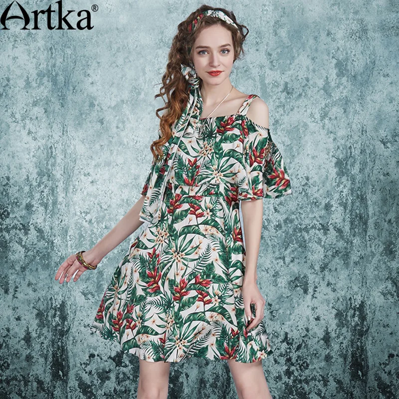 ARTKA Женская 2018 летняя с цветочным принтом шелковое платье винтажное открытыми
