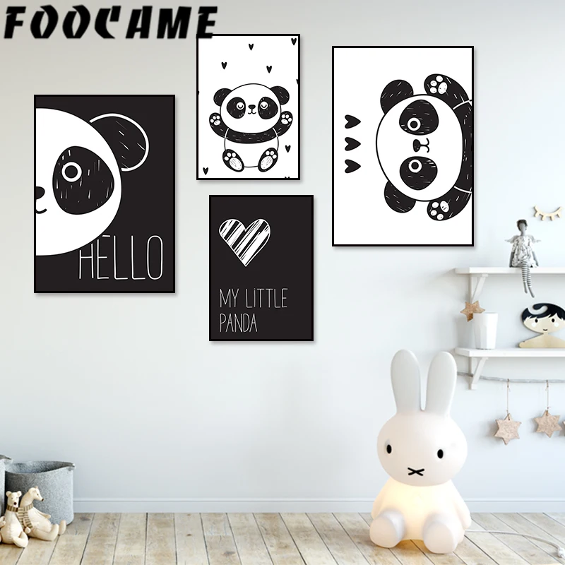 Foocome черно белый мультфильм плакат Панды Детские принты холст живопись Настенная