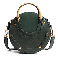 women totes bag fashion circular leather retro brand metal ring handbag for girl small round lady shoulder messenger bags
