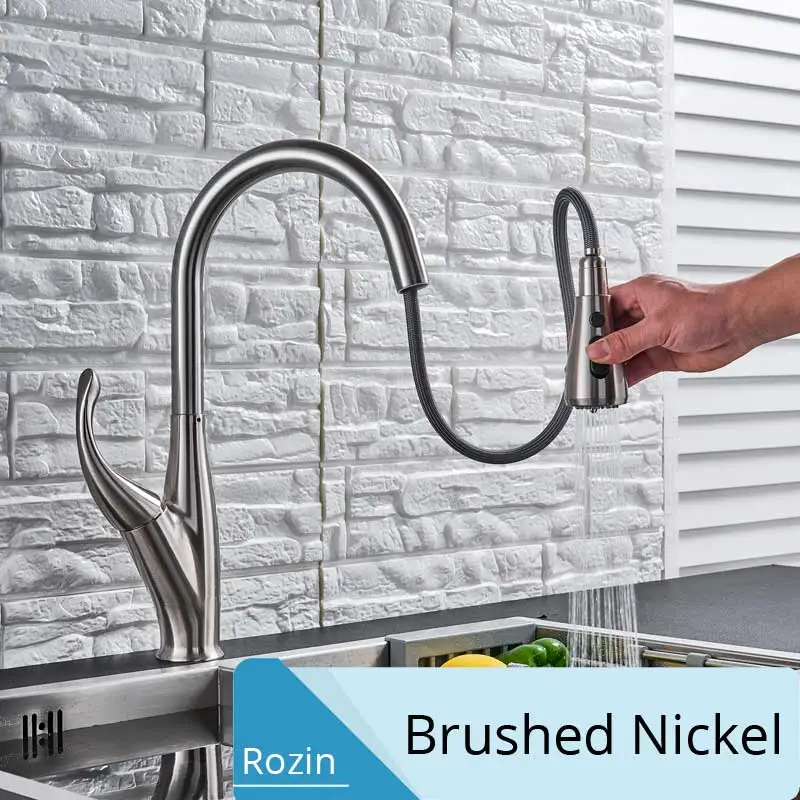 Brushed Nickel Черный кухонный кран выдвижной смеситель для кухни ванной комнаты кран для горячей и холодной воды с одной ручкой струйный Распылитель кухонный носик - Цвет: Brushed Nickel