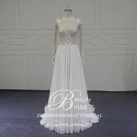 beauty bridal hot sale beach lace full o neck 2019 wedding dresses imported snow chiffon with nail bead a line dress xf18025