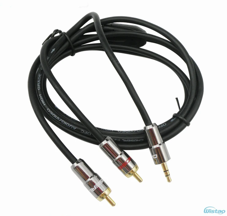 1 из 2 стереозвуковых аудиокабелей, 3,5 мм штекер, переходник в 2 RCA-коннектора, клемма с покрытием из ультрачистой меди черного цвета, Hi-Fi 1,8 м