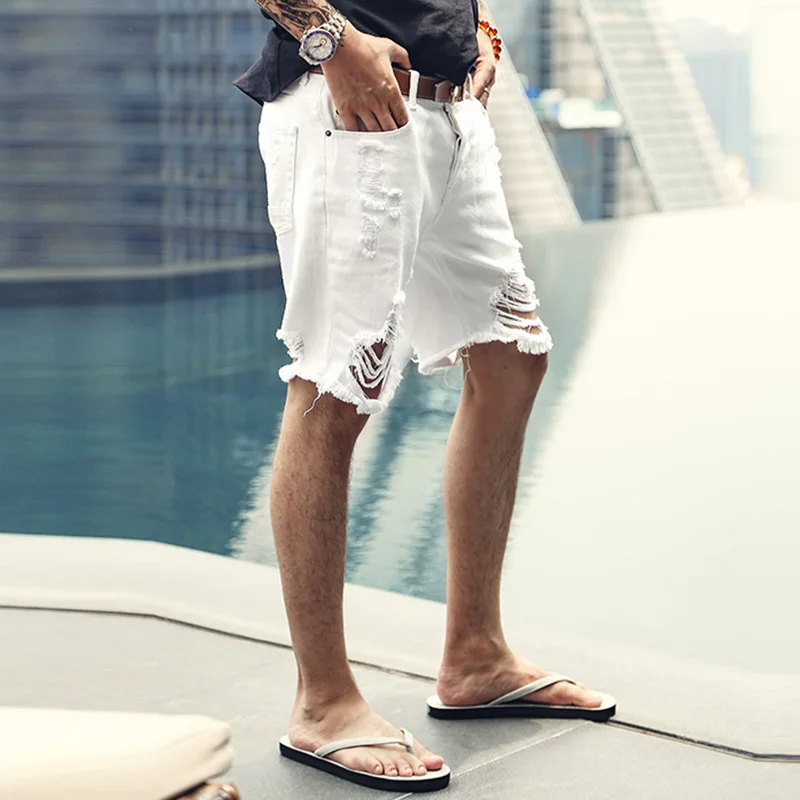 Для мужчин новый летний белый рваные джинсовые шорты джинсы Европейский стиль
