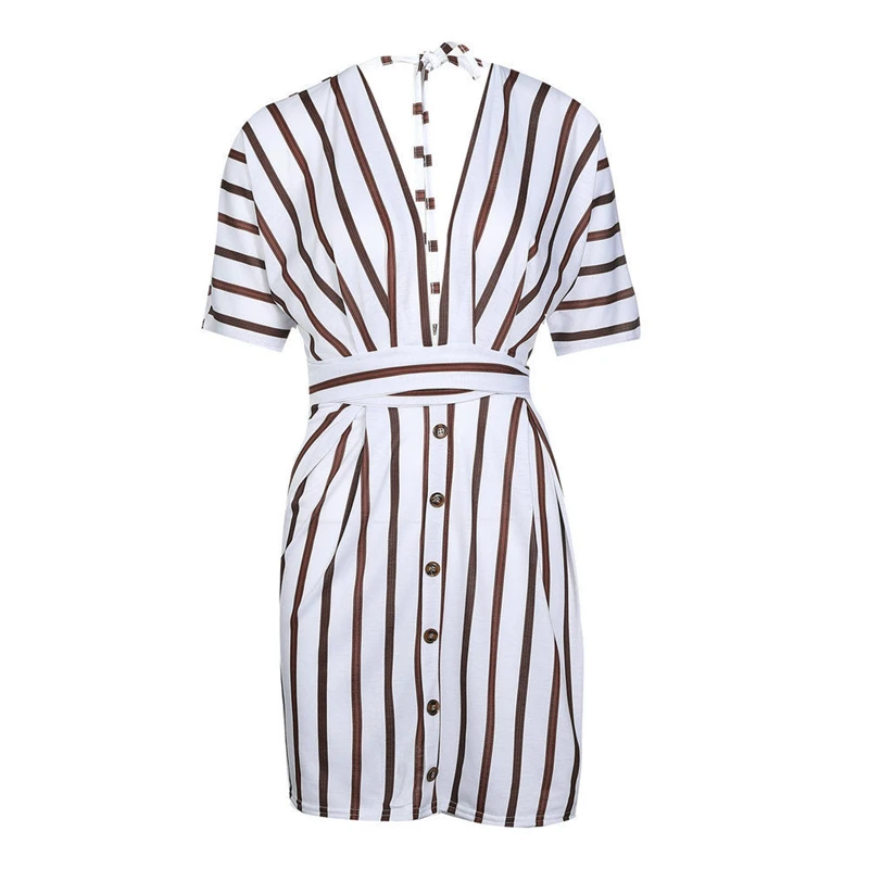 Женское летнее Полосатое мини-платье с коротким рукавом и глубоким v-образным