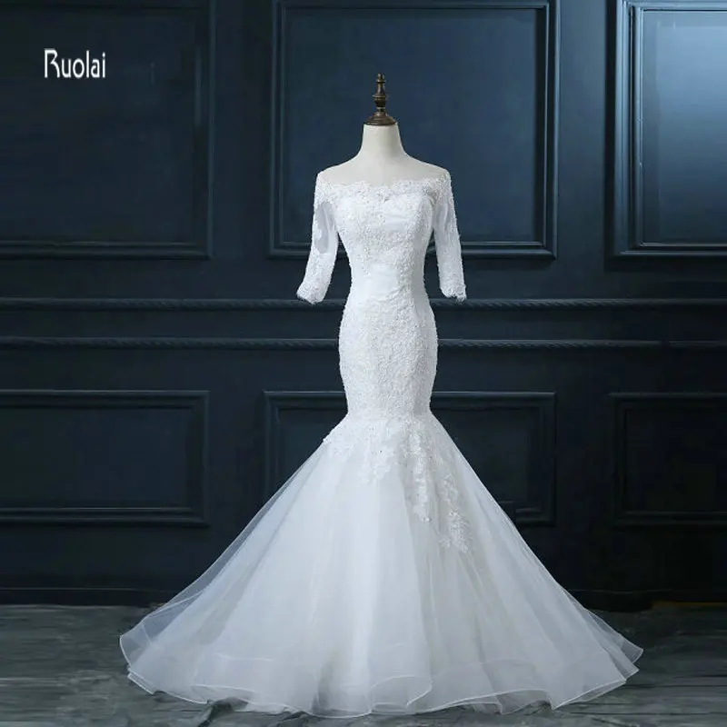 

New Arrival Elegant Lace Appliques Beading Scoop Half Sleeves Tulle Mermaid Wedding Dresses Open Back Bridal Dresses Custom Made
