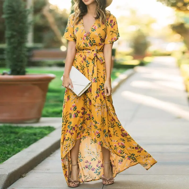 2019 Boho Модное Элегантное макси платье с цветочным принтом женское высокой талией